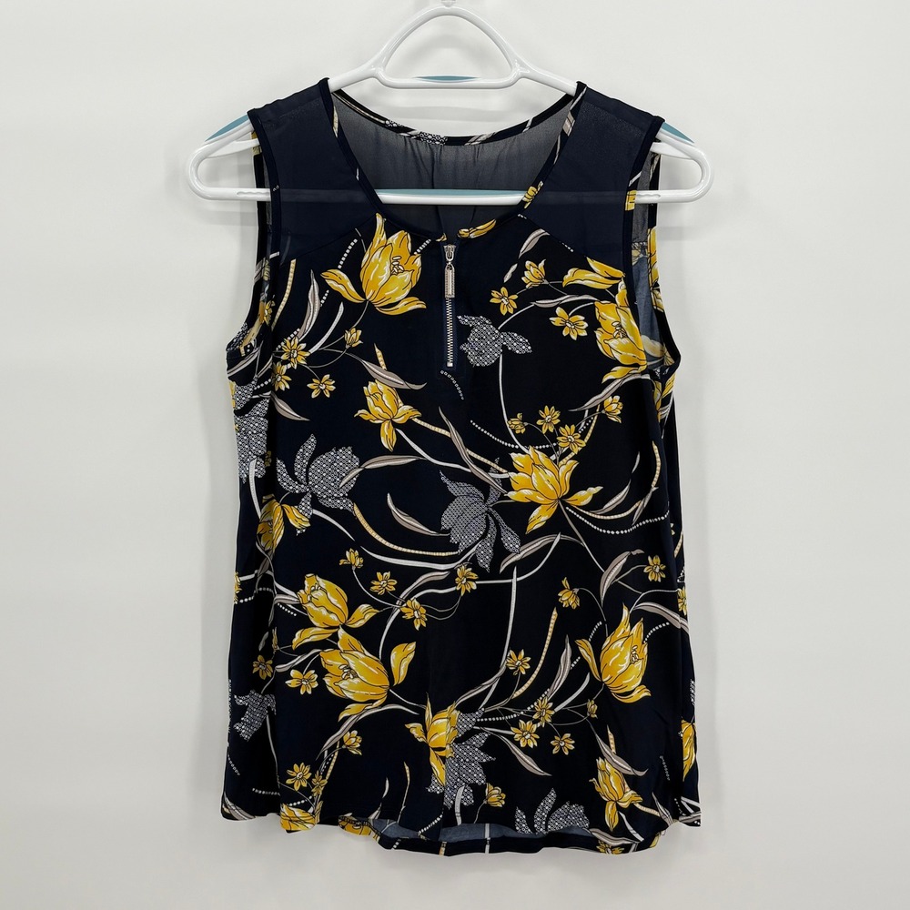 SJS Women Navy Yellow Floral Sleeveless Mesh Yoke Zip Neck Blouse Top L T8473-RM